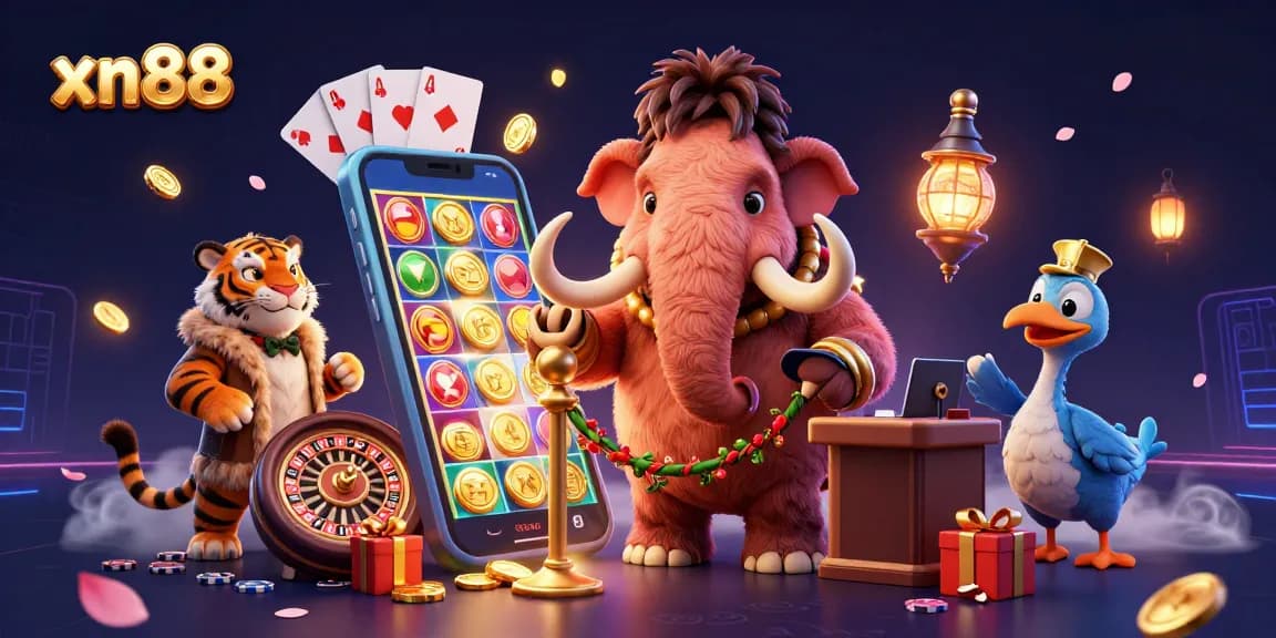 Play exciting slots with xn88 in a vibrant casino scene showcasing game elements and characters.
