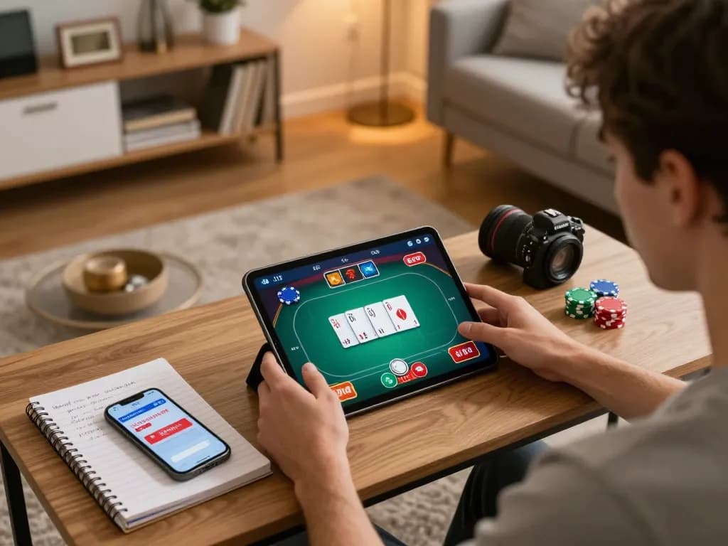 Engaging in poker on a tablet while strategizing with KP88 in a cozy home setting.
