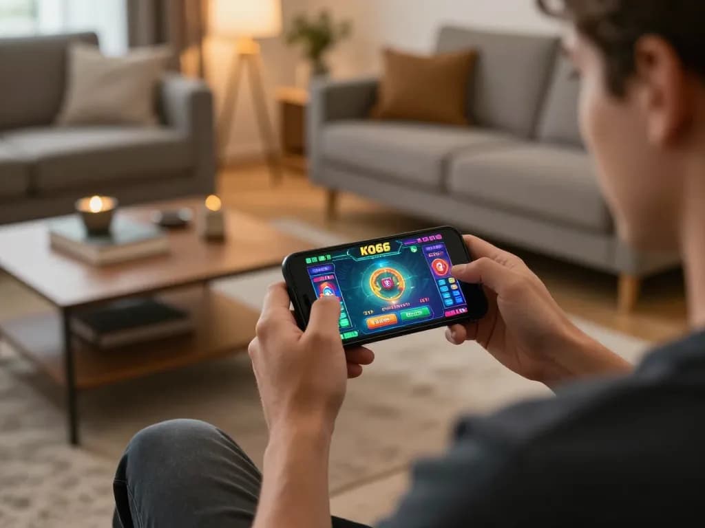 Engaged player examines betting options on KO66 casino mobile app in a cozy home setting