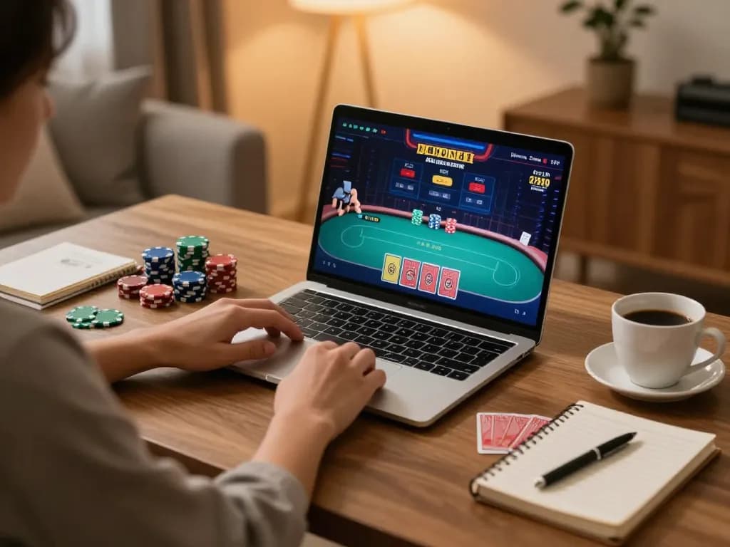 Engaging in online poker at QQ88 with strategy notes and chips on display.