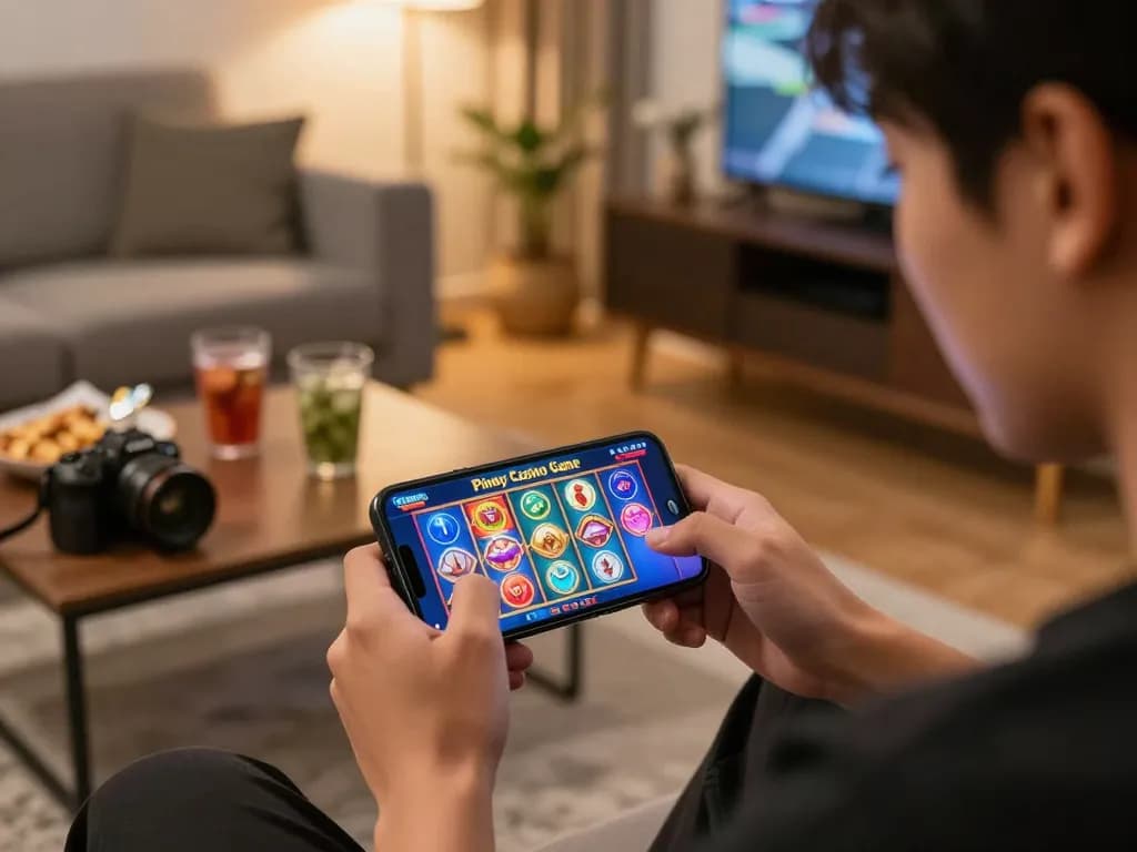 Player enjoying Pinoy Casino Game on smartphone, highlighting mobile gaming excitement in a cozy home setting.