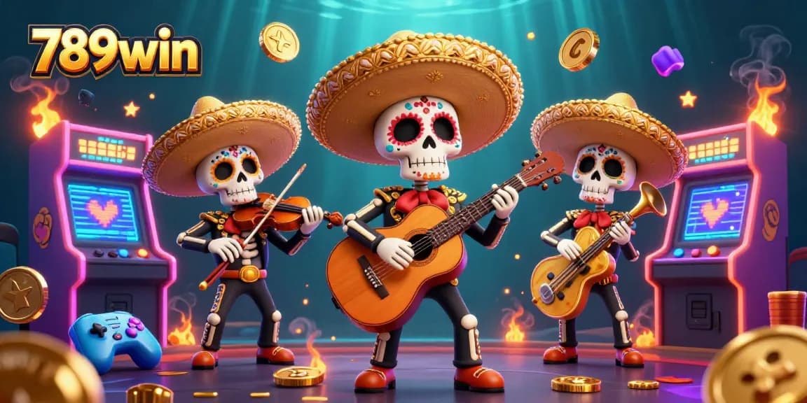 Experience 789win's vibrant casino atmosphere featuring a fun mariachi skeleton band amidst glowing arcade elements.