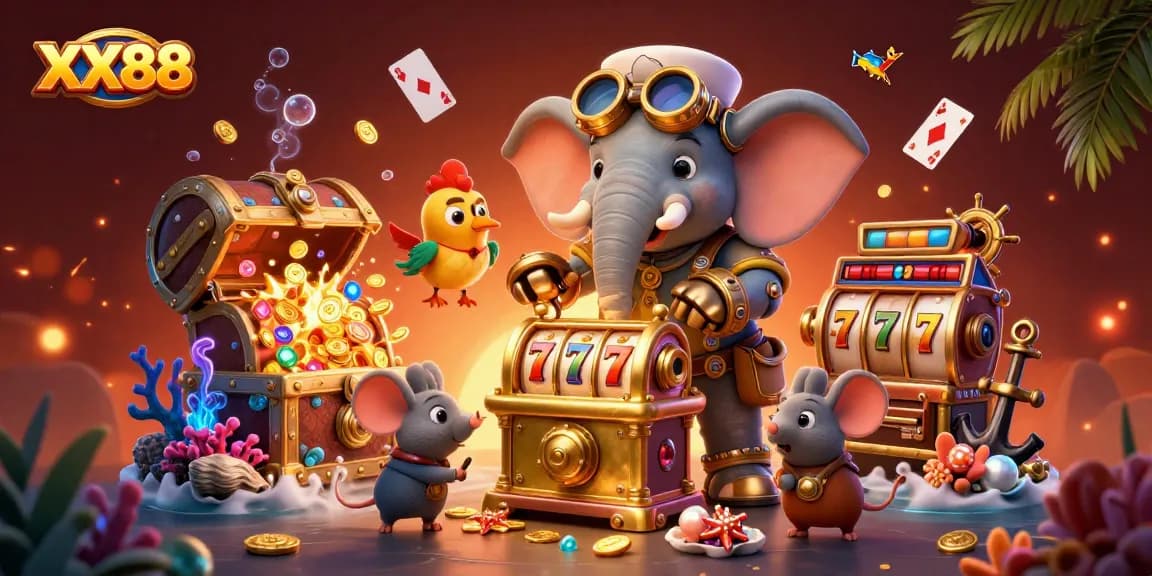 Spin the golden slot machine at XX88 with the steampunk elephant engineer amidst colorful treasure.