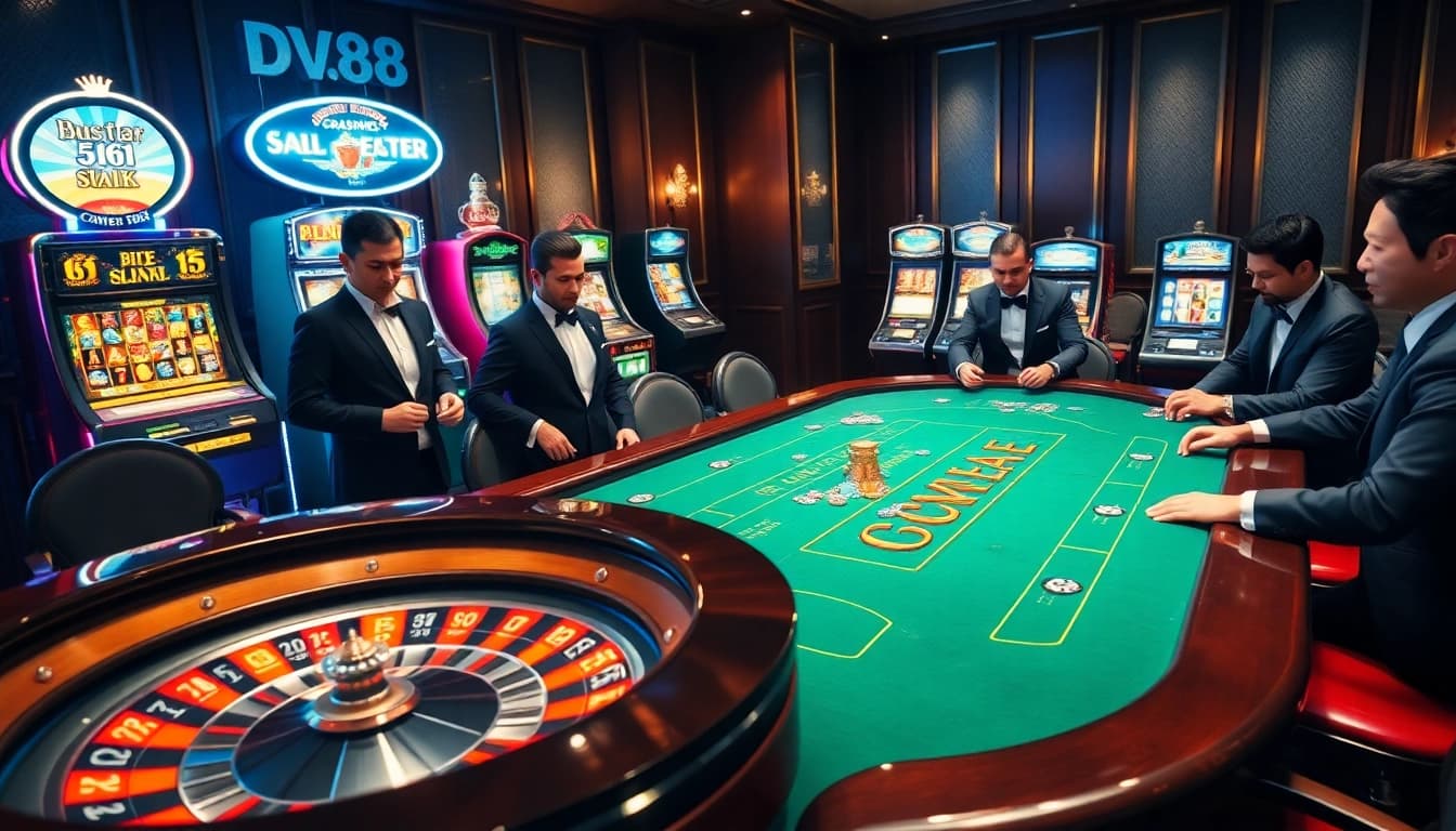 High-stakes poker players engaged at a glamorous DV88 gaming table, showcasing elegance and excitement in a luxurious casino.