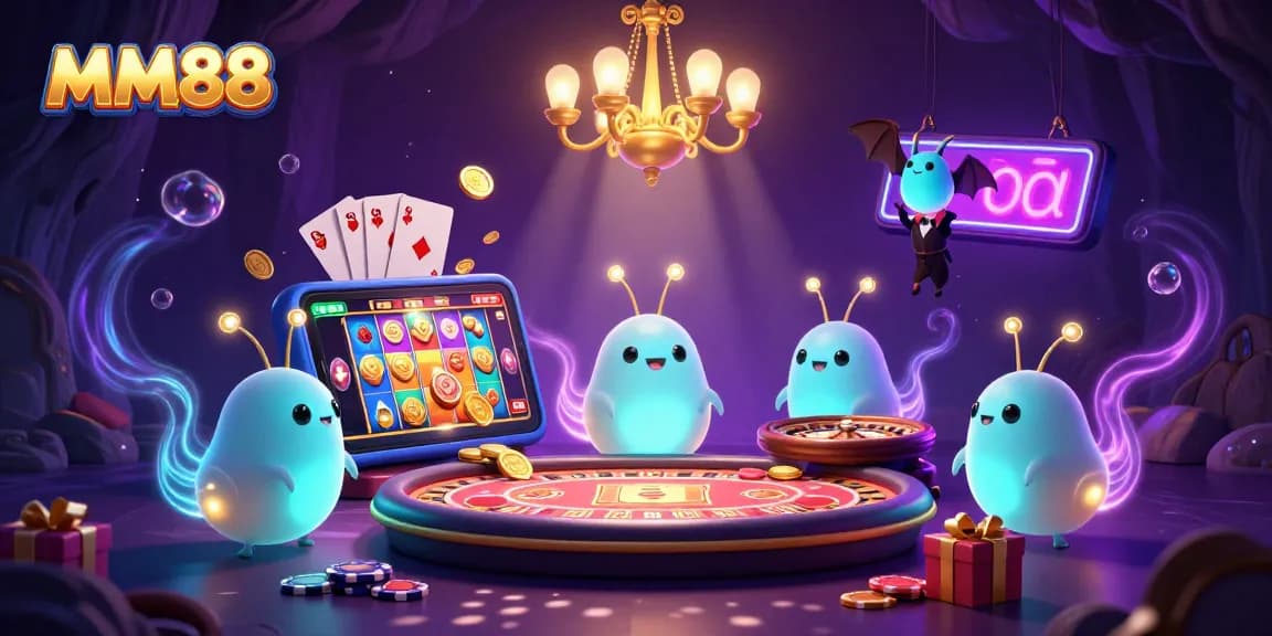 Experience the MM88 cave casino illuminated by glowworms, showcasing thrilling slot games and vibrant casino elements.
