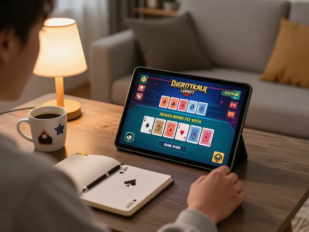 Player enjoying online casino gaming experience with 33win tablet gameplay, coffee, and notes