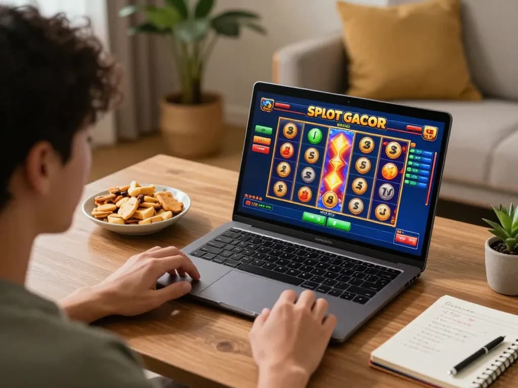 Engaged in Slot Gacor gameplay on a laptop, showcasing online gambling in a cozy setting.