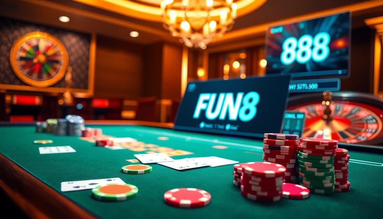 Experience the excitement of FUN88 with a vibrant poker table and roulette wheel in a luxurious casino setting.