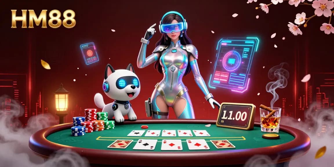 Engage in thrilling gameplay at HM88 with a vibrant casino scene featuring dynamic characters and poker elements.