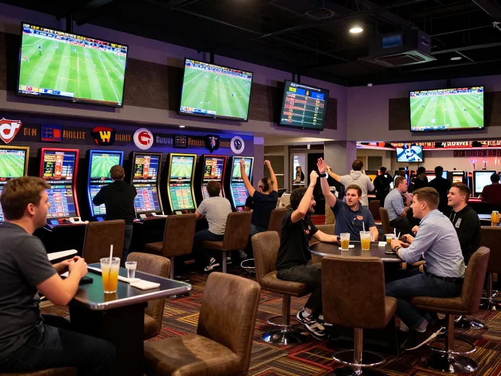 Engaging sports betting scene showing friends cheering for footballl matches, lively casino atmosphere.