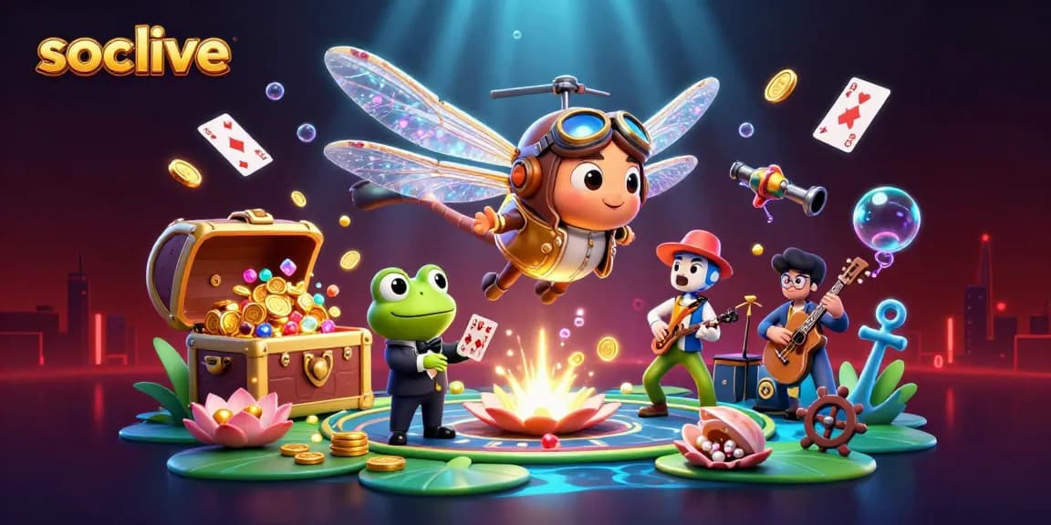 Socolive showcases a vibrant digital casino scene with a dragonfly pilot and card-dealing frog, enhancing betting excitement.