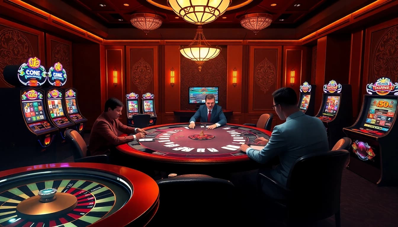 Exciting view of a casino gaming scene highlighting trang chủ nohu90 with poker chips and cards.