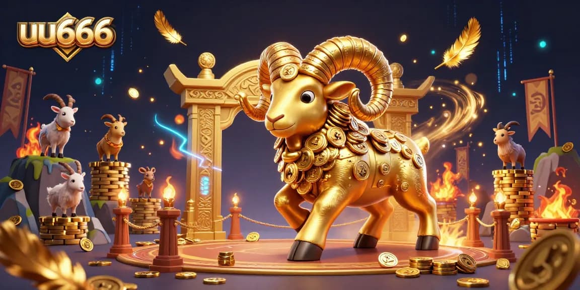 Experience the excitement of uu666 as a massive golden ram charges through a vibrant gambling arena.
