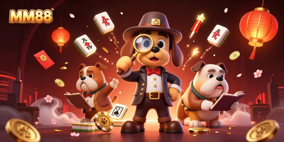 Place bets on MM88 with strategies illustrated by a detective and his bulldog in a festive casino setting.