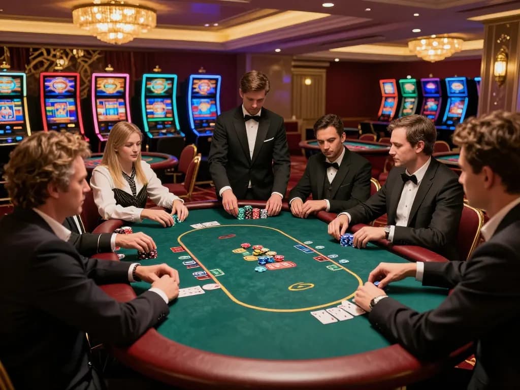 TT88 nhà cái poker game in upscale casino, players engaged with chips stacked high at lively tables.