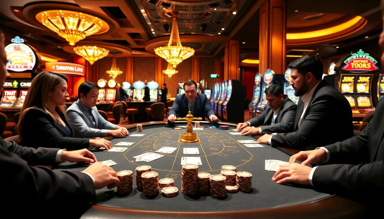 Intense poker game in a luxurious casino environment at 99okwin.live showcasing excitement and strategy.