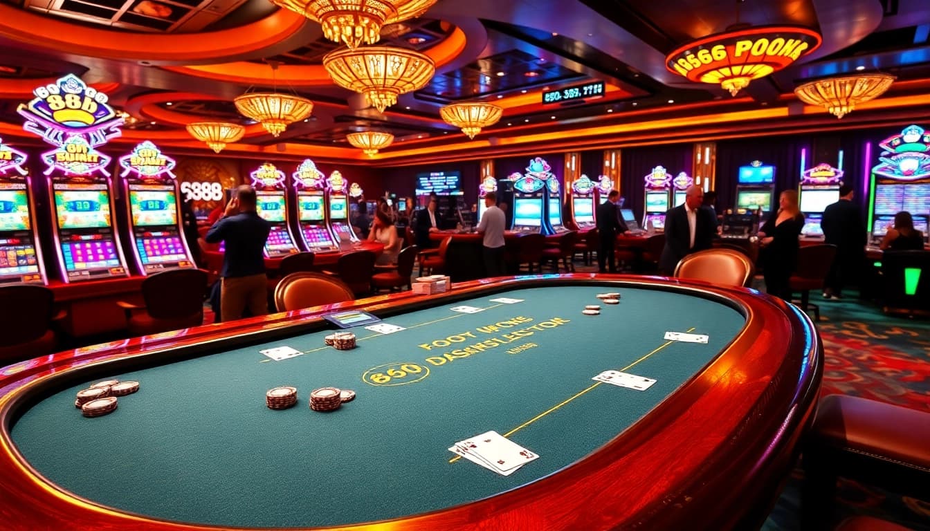 Experience luxury gambling at 888b with a vibrant casino scene showcasing blackjack and slot machines.