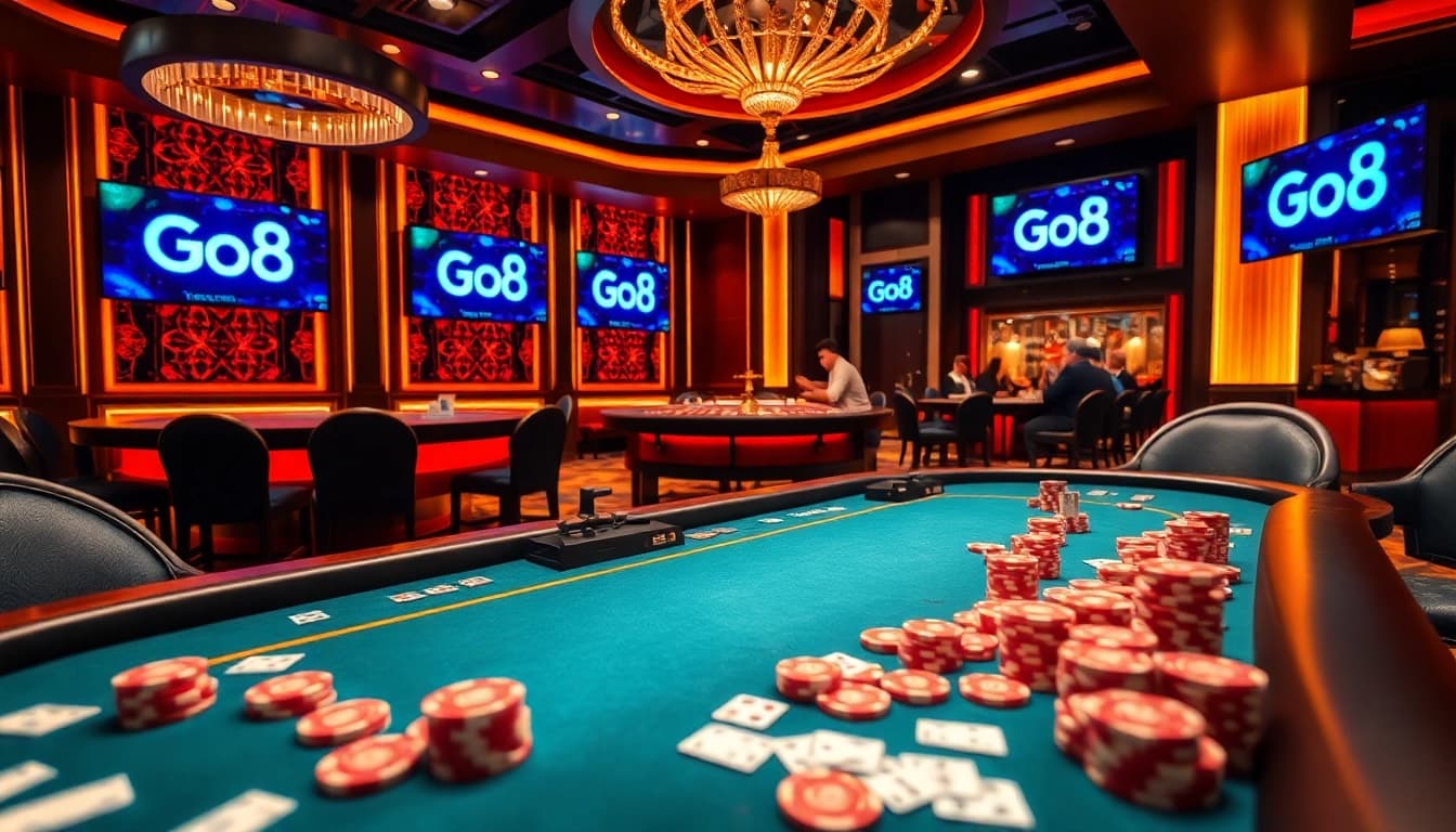 Players enjoy a poker game at Go8 casino, amidst vibrant casino ambiance and exciting odds.