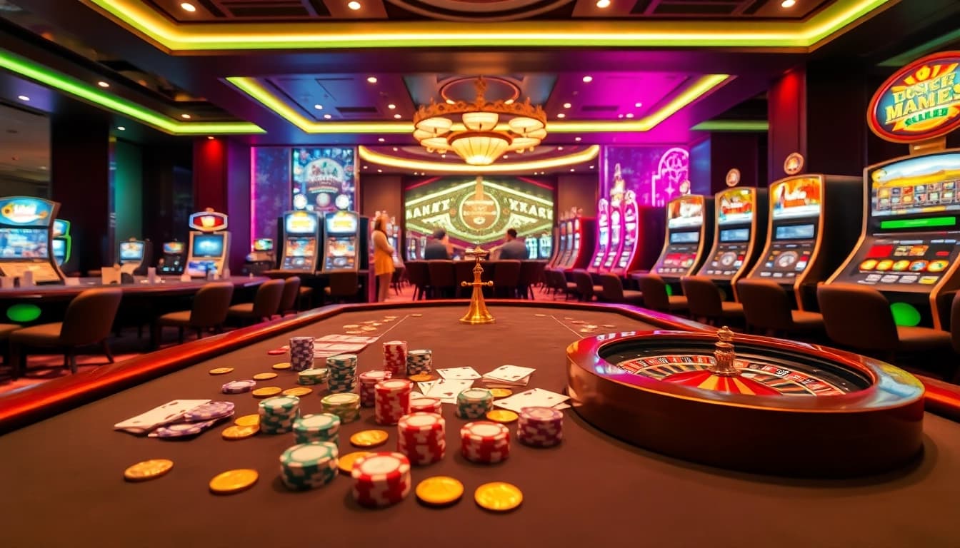 Experience the thrill of nhà cái 8kbet with vibrant casino visuals of poker, roulette, and slots.