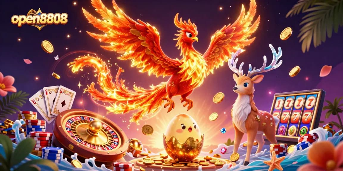 Win big at open8808 with a vibrant 3D illustration showcasing dynamic casino elements and characters.