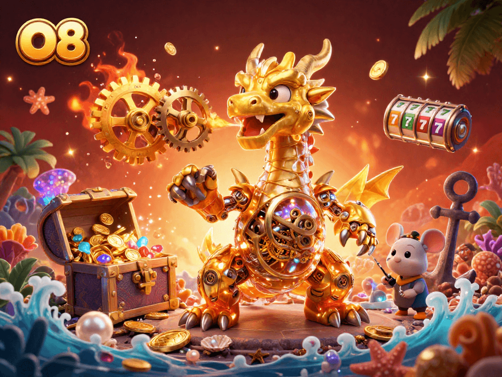 Experience the thrill of O8 gaming with a vibrant 3D dragon and slot reels.