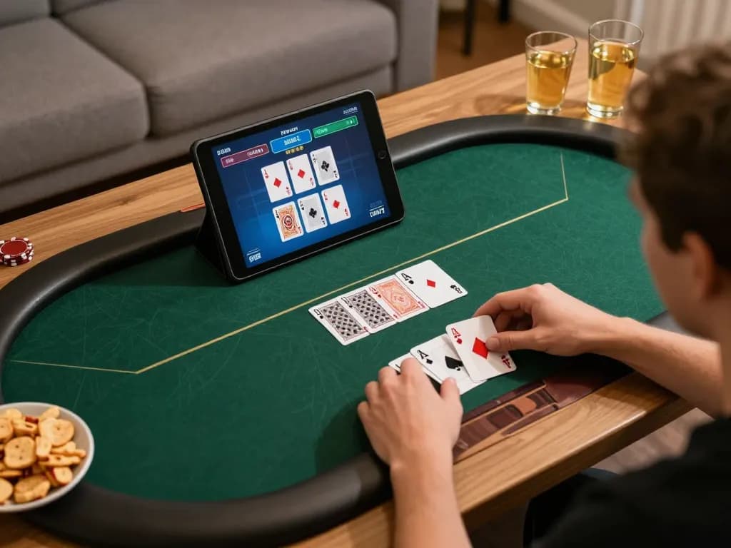 Engaging gameplay at fly88 casino with a player using a tablet for online poker in a cozy setting.