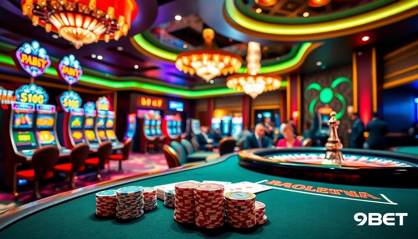 A captivating casino scene showcasing the excitement of gambling with 9BET-themed poker chips and tables.
