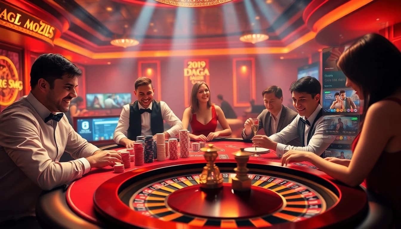 Daga players celebrating their wins at a luxurious casino table surrounded by chips and a roulette wheel.