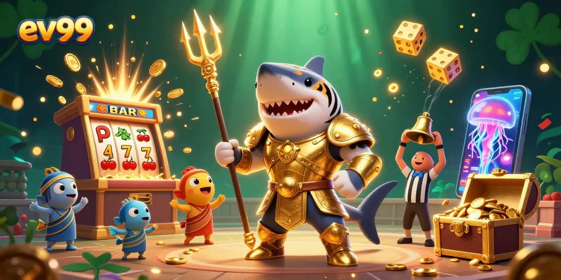 Experience the excitement of ev99 with a vibrant casino scene featuring a tiger shark and jackpots.
