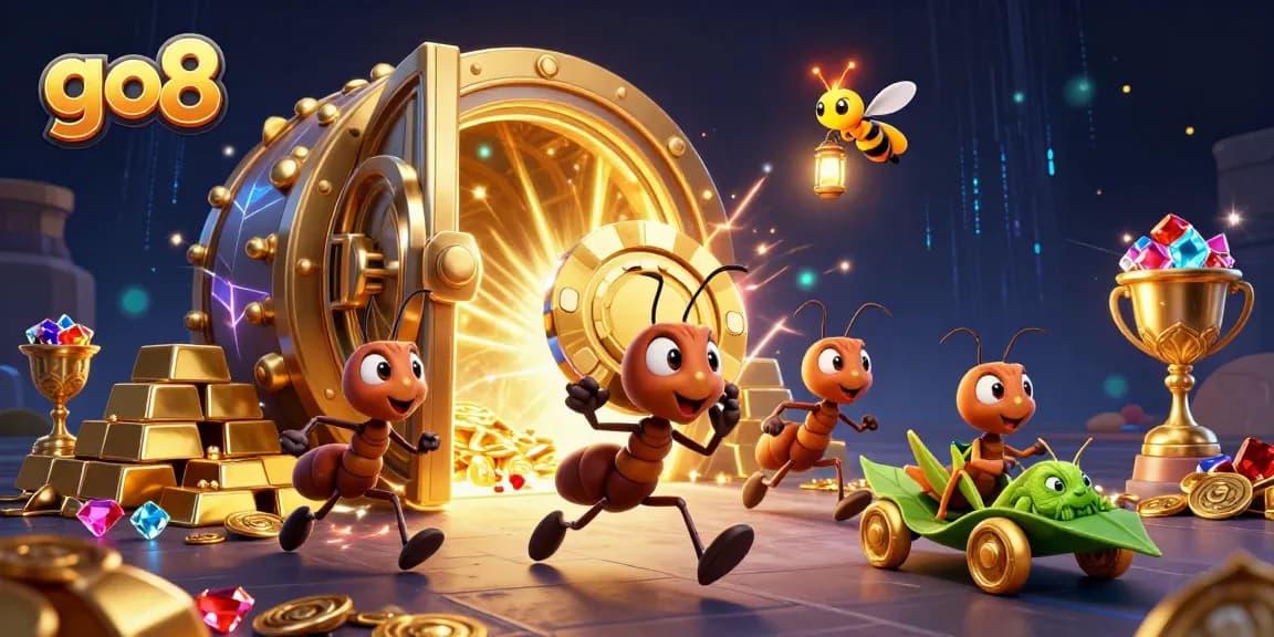 Go8 casino ants heist scene with golden poker chip and treasure, showcasing rich gaming elements.