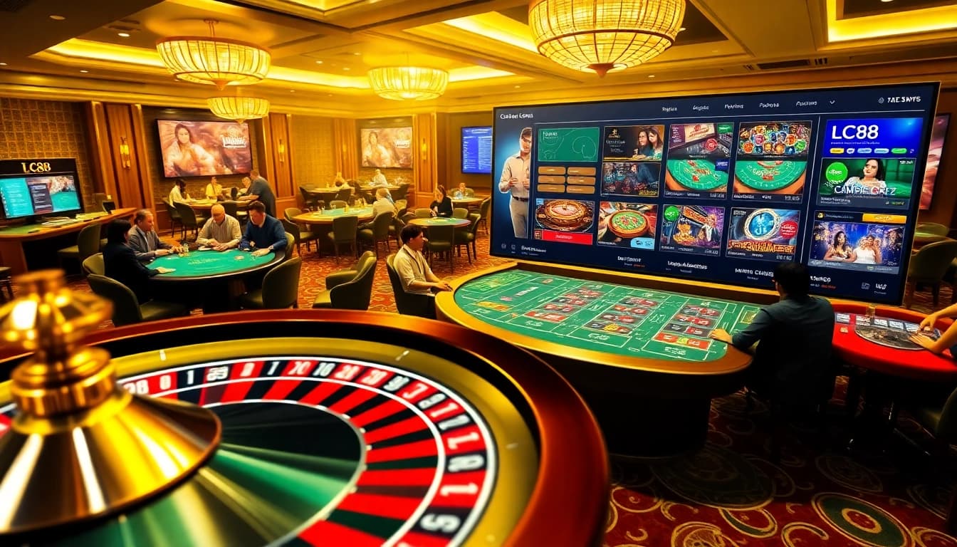Experience an exciting game at LC88 with players at vibrant casino tables and a spinning roulette.