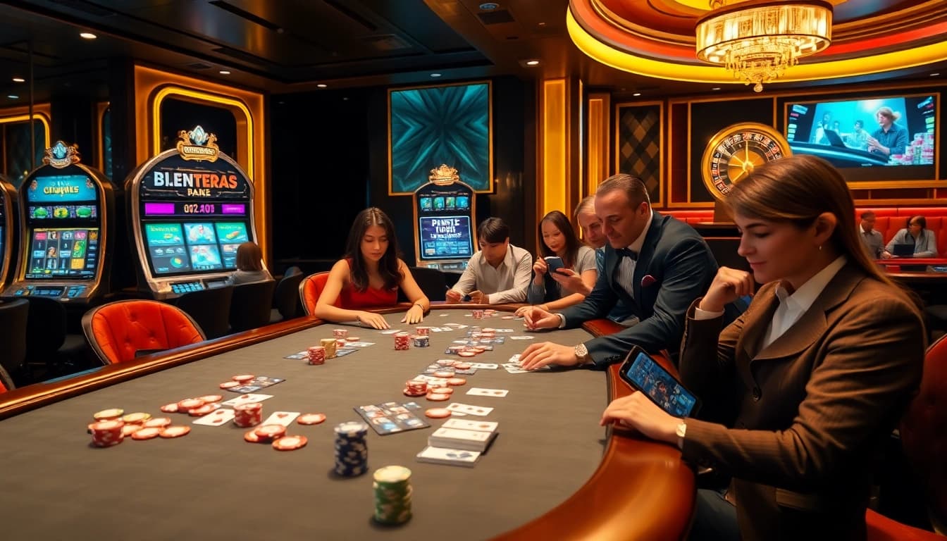 Experience the thrill of KJC's online gambling at a modern casino table with poker players.