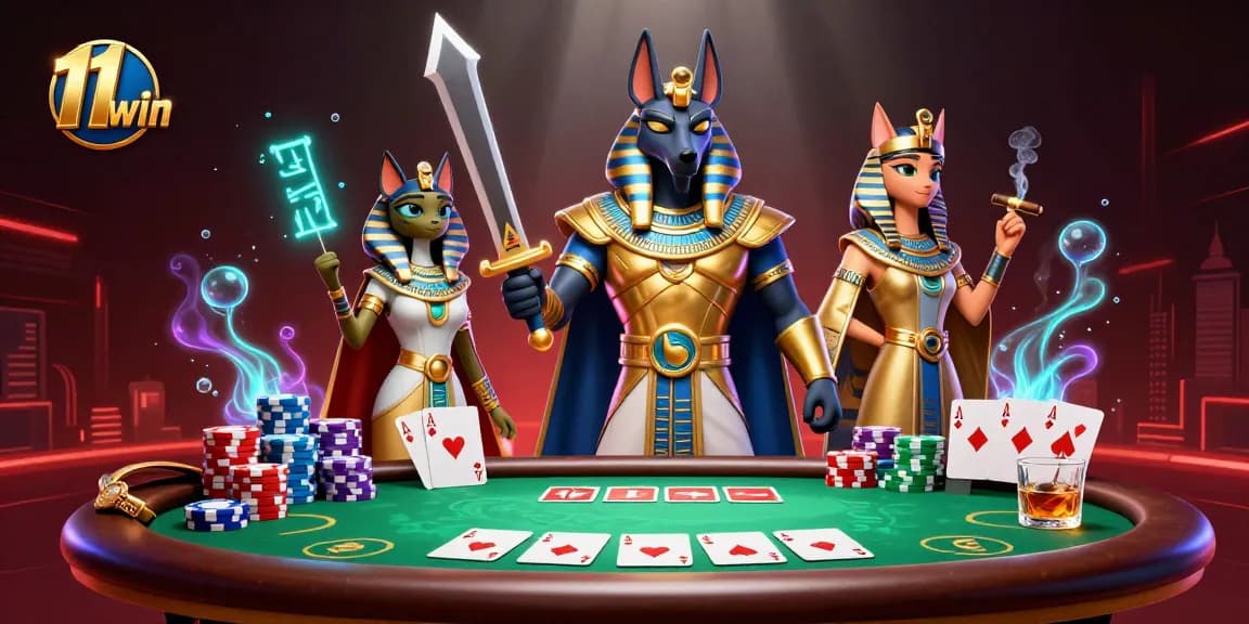 Experience thrilling poker action with 11 win, featuring Anubis and Bastet in a vibrant casino scene.