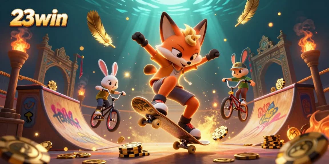 Bet on 23win with a dynamic illustration of a skateboarder fox and BMX rabbit in an engaging casino scene.