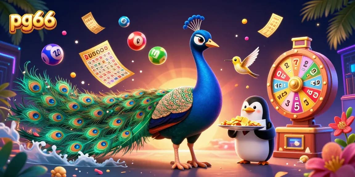Experience the thrill of pg66 with vibrant games, golden chips, and dynamic lottery elements in a rich casino setting.
