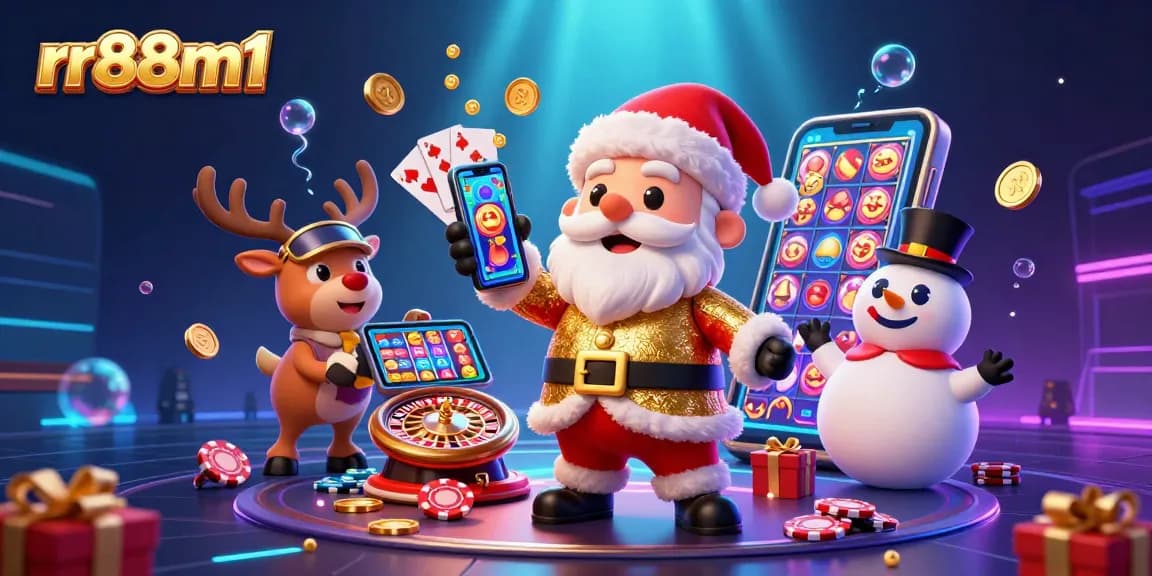 Experience festive gaming fun with rr88m1's dynamic casino scene featuring Santa and friends.