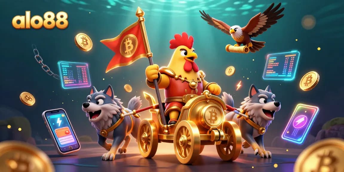 Alo88 players engage in epic battles with a rooster warlord; golden coins and crypto elements add excitement.