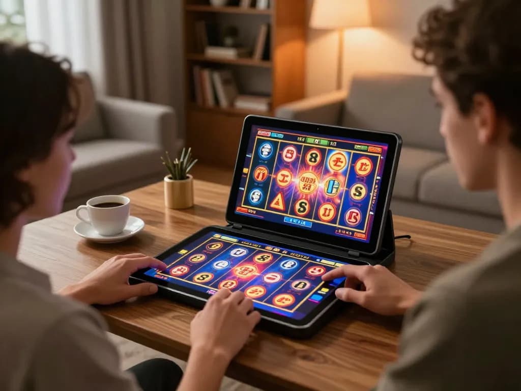 Exciting moment engaging in ALO8 ME slot game on a tablet in a cozy home office