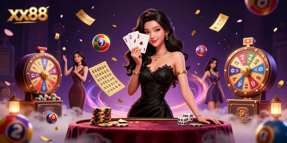 Experience thrilling gameplay at xx88 with a stunning casino-themed dynamic illustration showcasing excitement and rewards.