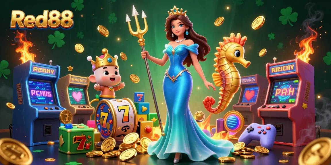 Engage with Red88's vibrant casino elements featuring a glamorous woman and seahorse king amidst exciting slot reels and glowing games.