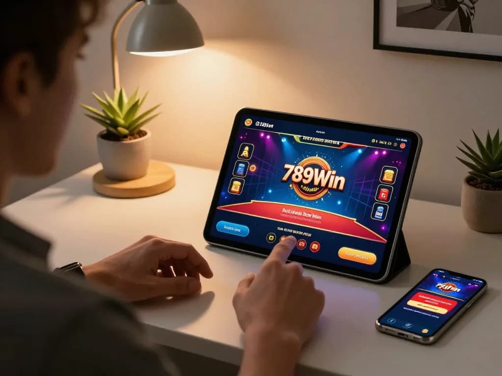 A player enjoying an online gaming session with the 789Win app, showcasing a live dealer table on a tablet.