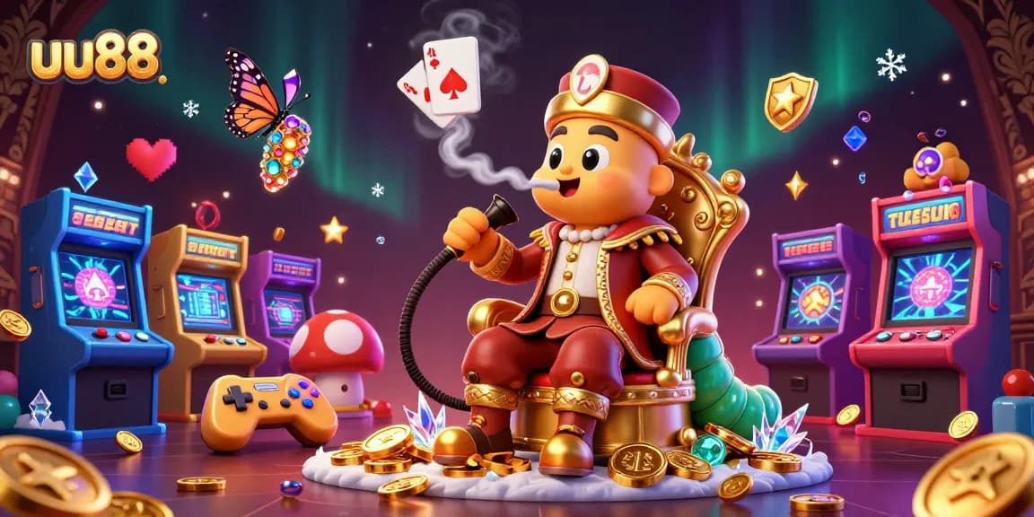 uu88 features an enormous caterpillar sitting on a throne, blowing poker symbols, surrounded by colorful game machines.