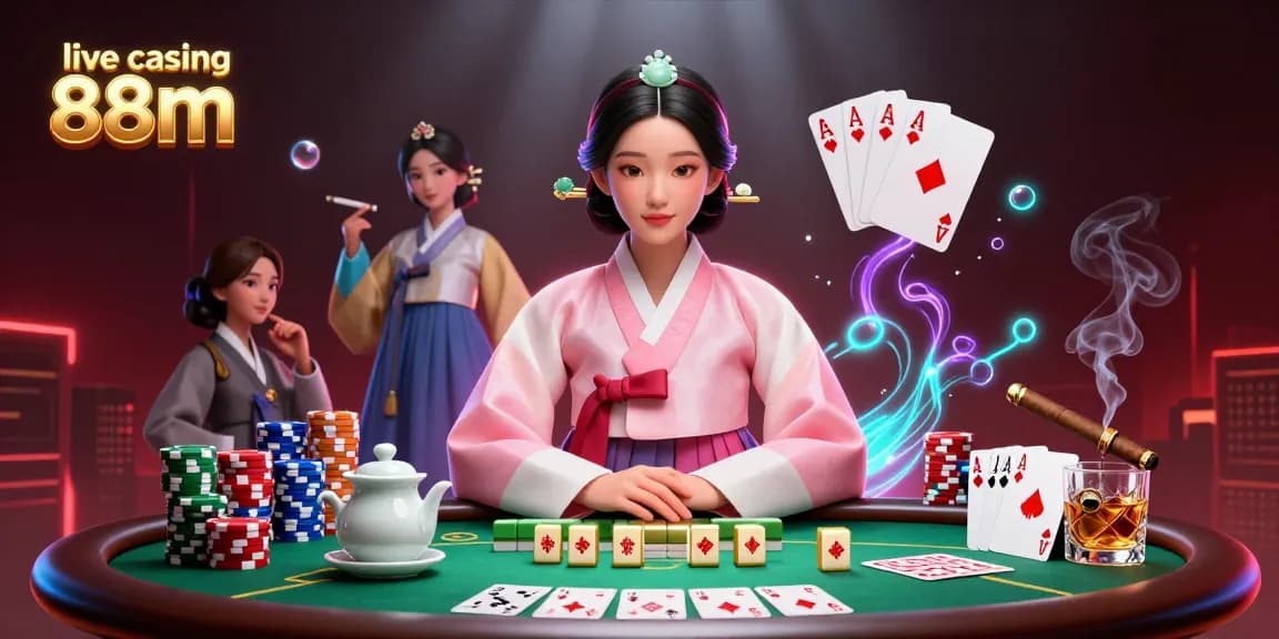 Engage with live casino 88m experience featuring a serene Asian woman, poker elements, and vibrant ambiance.