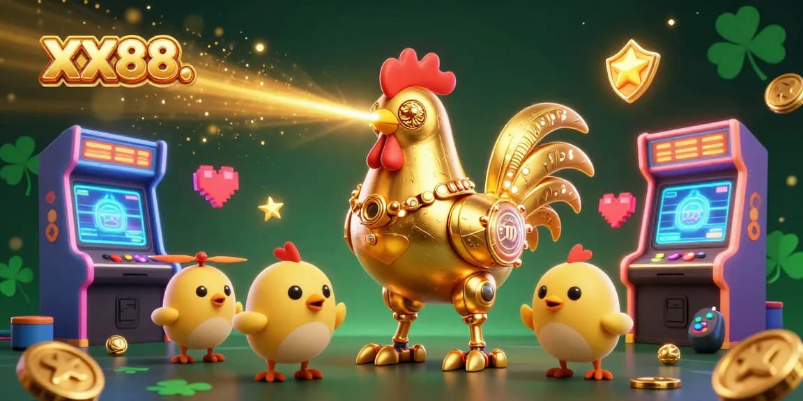 Engage with the vibrant world of XX88 through a dynamic 3D illustration showcasing a golden rooster robot and baby chick drones amidst arcade and casino elements.