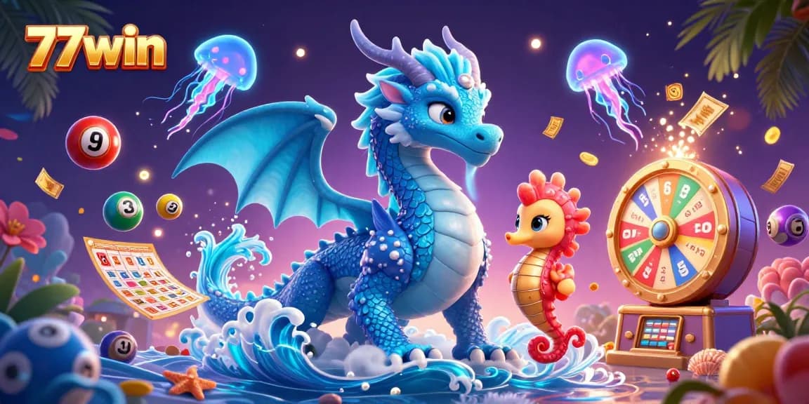 Engage with 77win's thrilling lottery action featuring vibrant elements and dynamic characters in a captivating casino illustration.