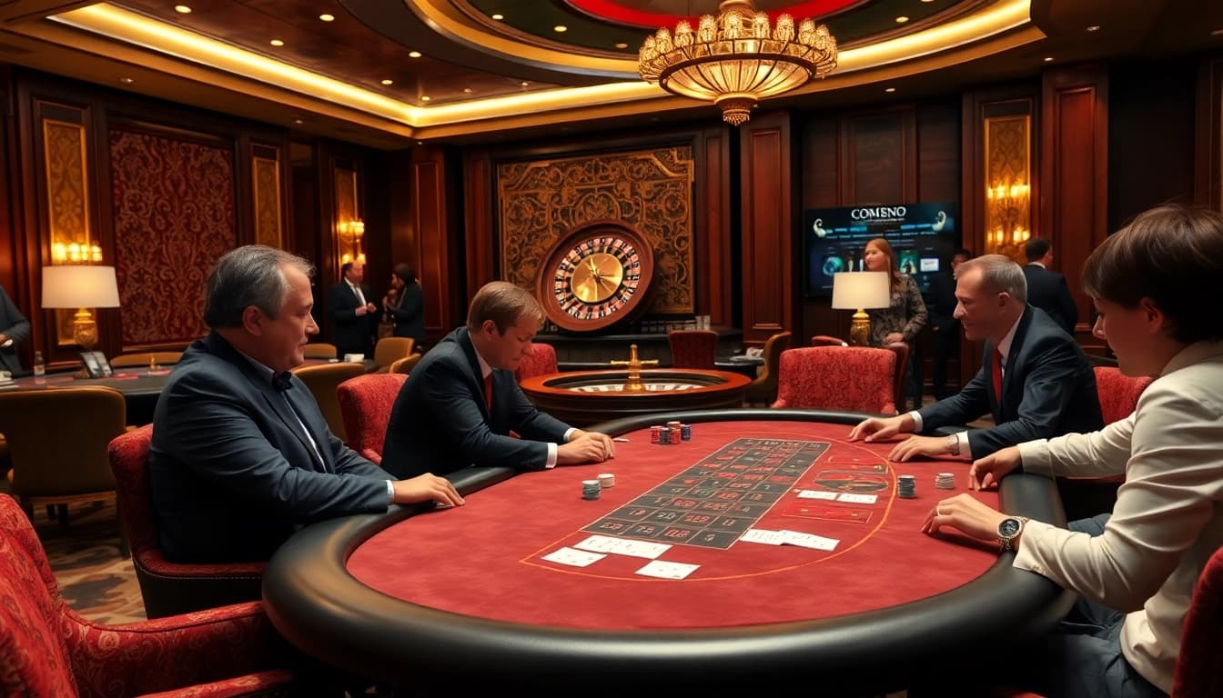 Hit club poker players strategizing at an upscale table in a vibrant casino atmosphere.
