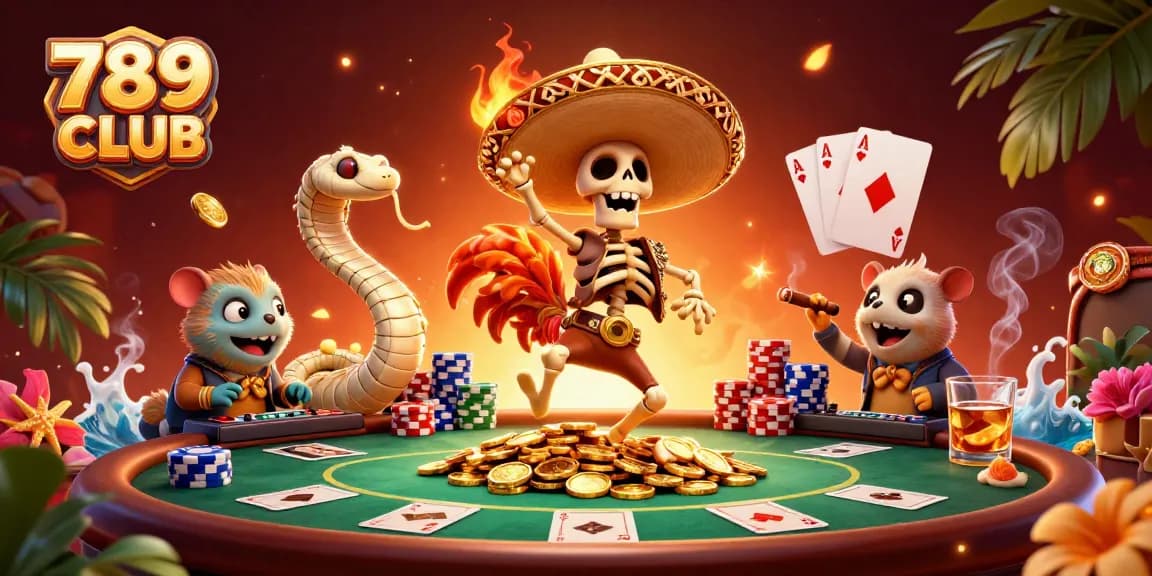 Watch the 789 CLUB skeleton mariachi dance in this lively casino scene filled with vibrant poker elements.