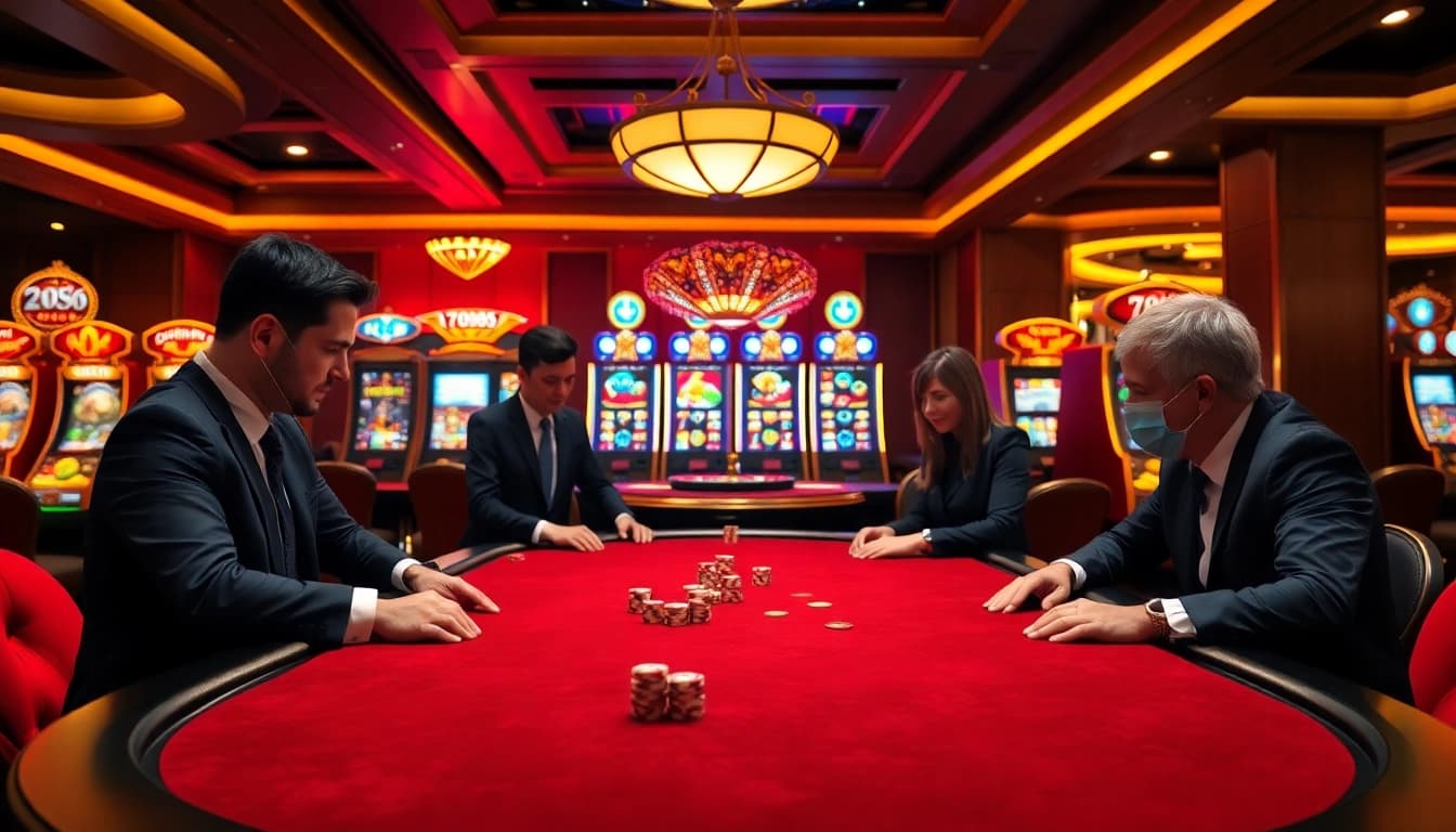 Engaging poker game at 789F with professional players and vibrant slot machines.