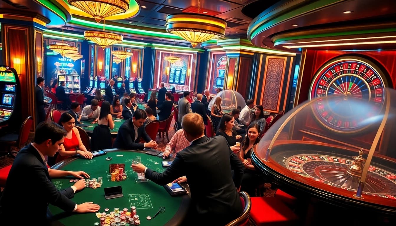 Experience the excitement of TG88 at a luxurious casino with vibrant games and detailed decor.