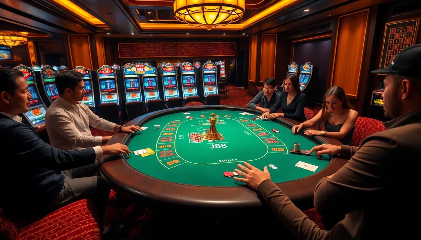 Experience thrilling J88 gameplay at a vibrant casino table with excited players.